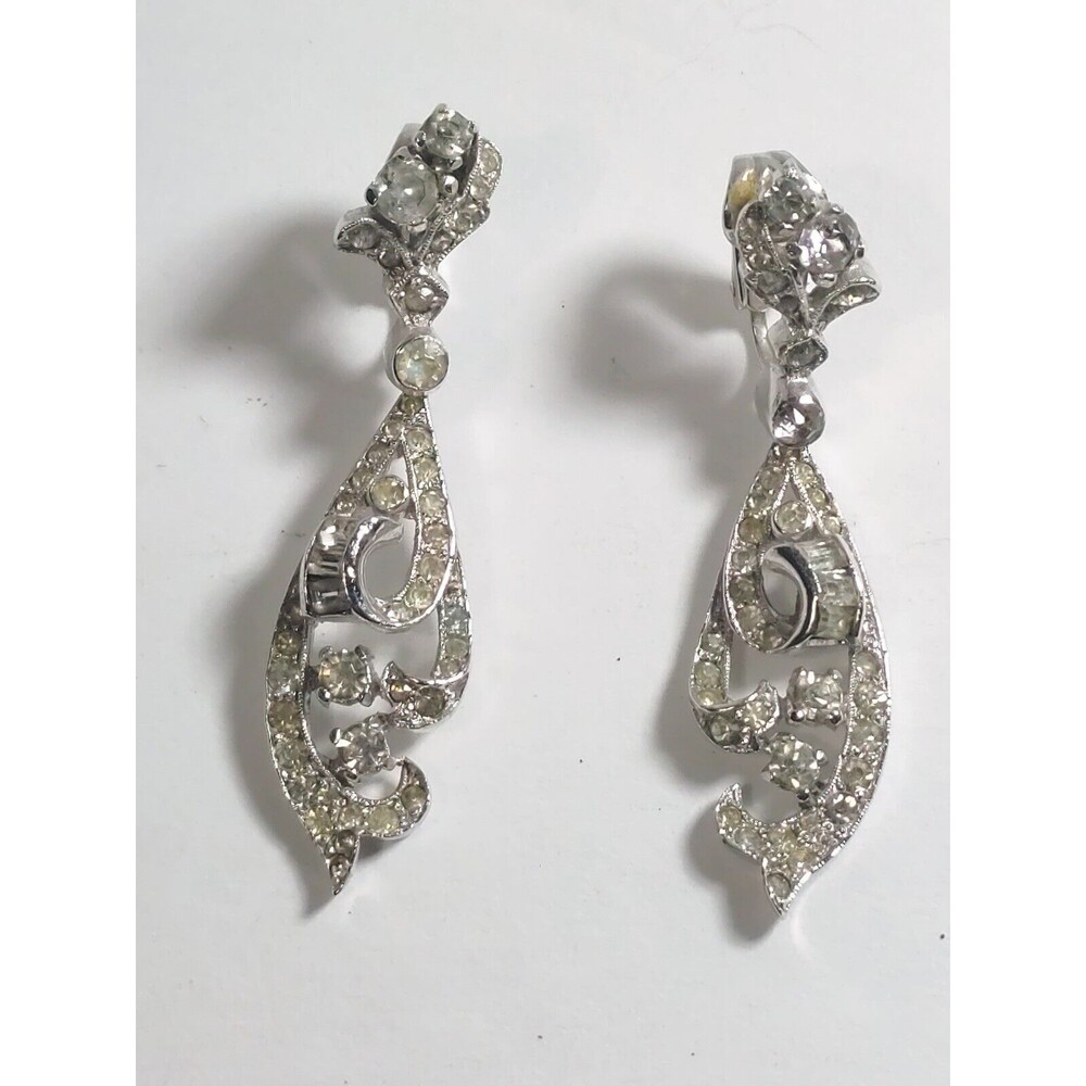 Panetta Rhinestone Silver Tone Vintage Clip Dangle Earrings
